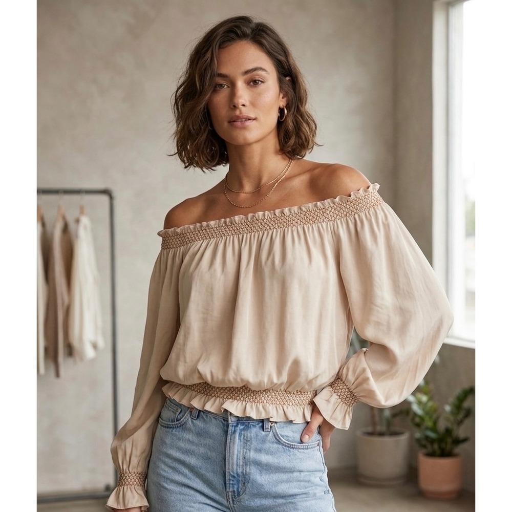 Madison Marcus Silk Off The Shoulder Smocked Blouse XS Beige Neutral Luxury